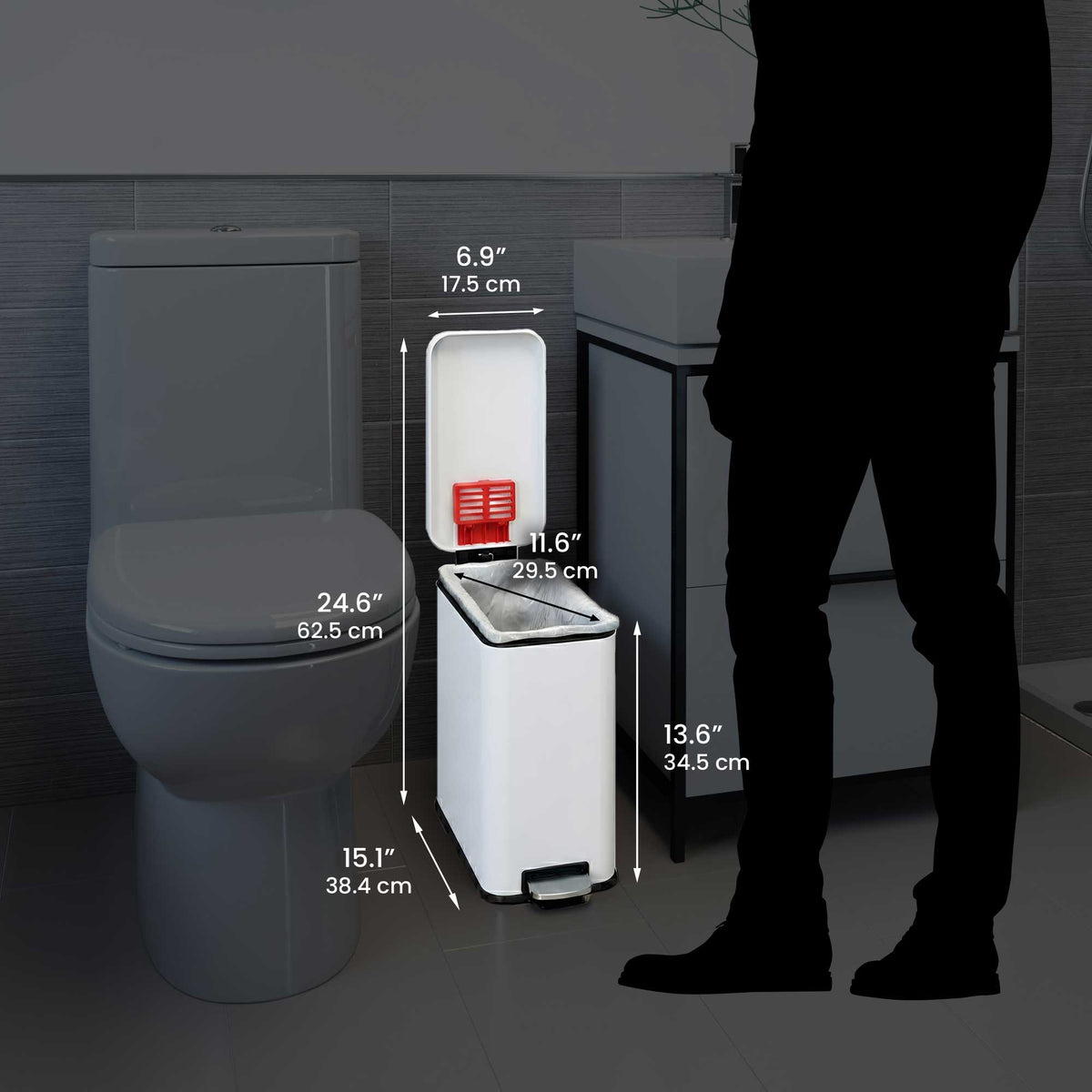 Size perspective image of the iTouchless PS03RWH trash can next to a silhouette of a person, displaying its full dimensions in inches and centimeters (13.6" height with lid open).