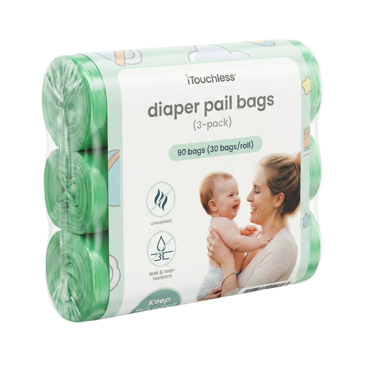 iTouchless 3-pack of universal diaper pail refill bags, showing three green rolls totaling 90 bags. The packaging features a mother and baby, highlighting leak and tear-resistance and unscented odor-lock strength.