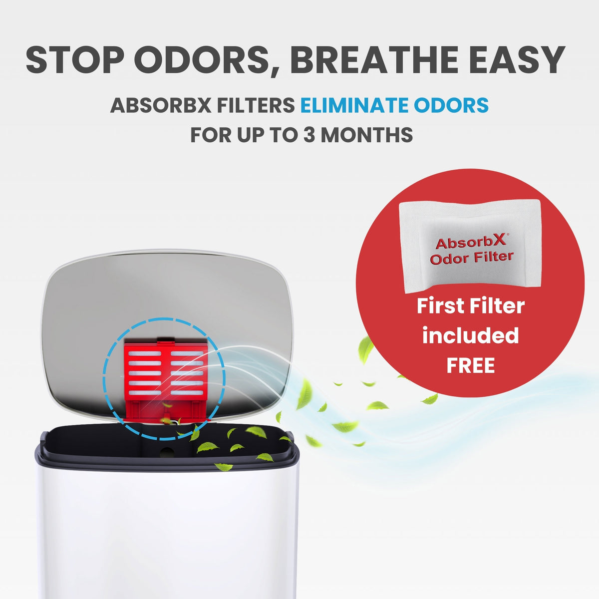 AbsorbX natural carbon odor filter inside ivory white trash can lid eliminates odors and keeps kitchen air fresh.