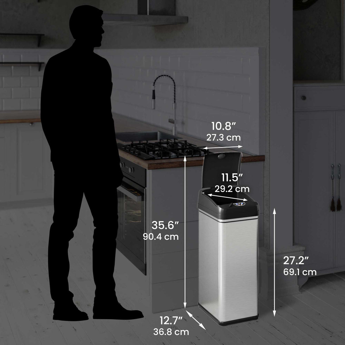 iTouchless Sensor Trash Can with Pet-Proof Lid. Dimensions.iTouchless 13 Gallon Sensor Trash Can with Pet-Proof Lid dimensions
