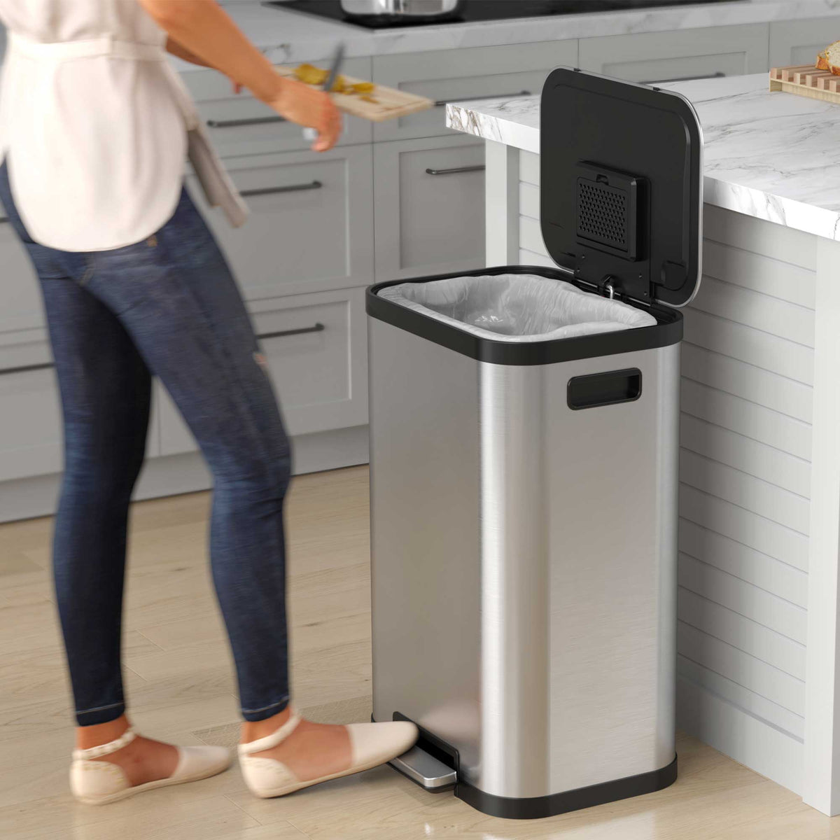 pedal trash can 50 Liter / 13.2 Gallon SoftStep ProX Stainless Steel Step Pedal Kitchen Trash Can with AbsorbX Odor Filter